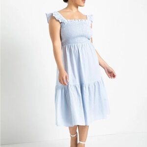 Eloquii Blue Ruffle Sleeve Smocked Bodice Dress